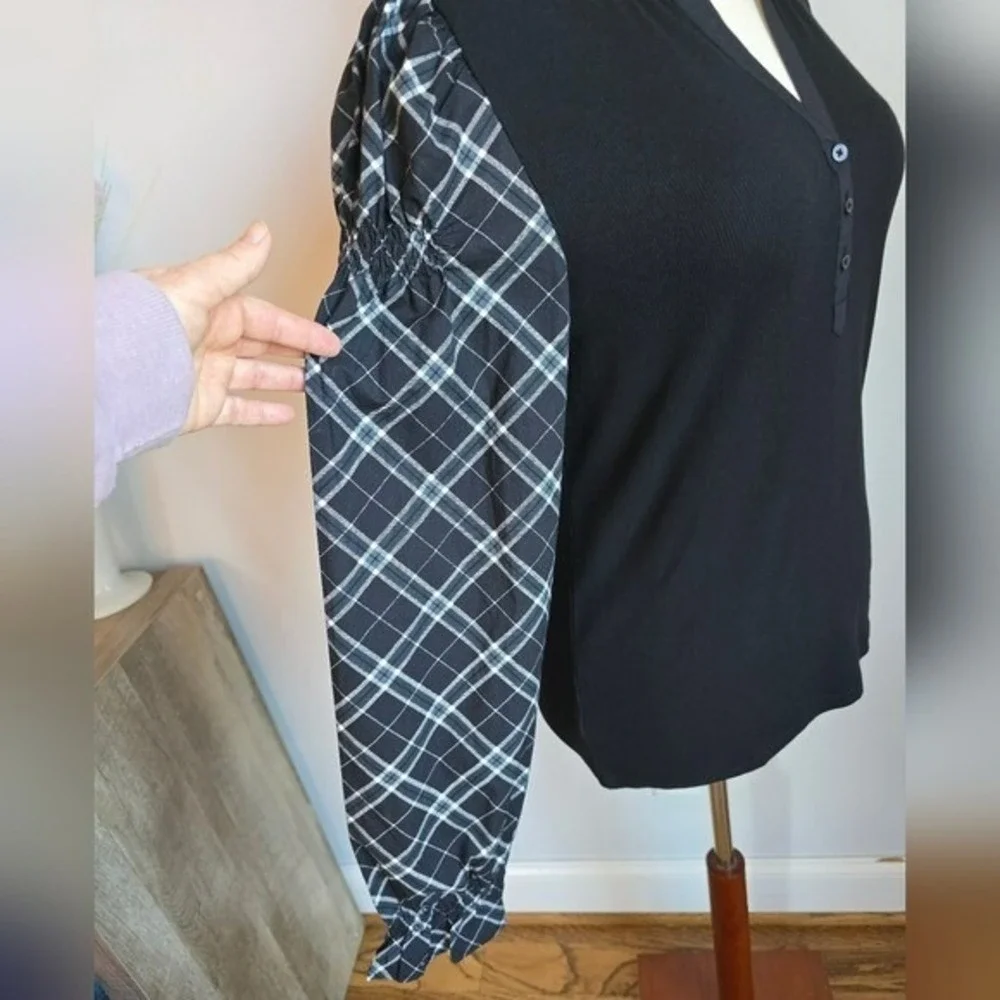 LOFT NEW Black Plaid Henley Mixed Media Blouson Shirt Top SZ Large Academia